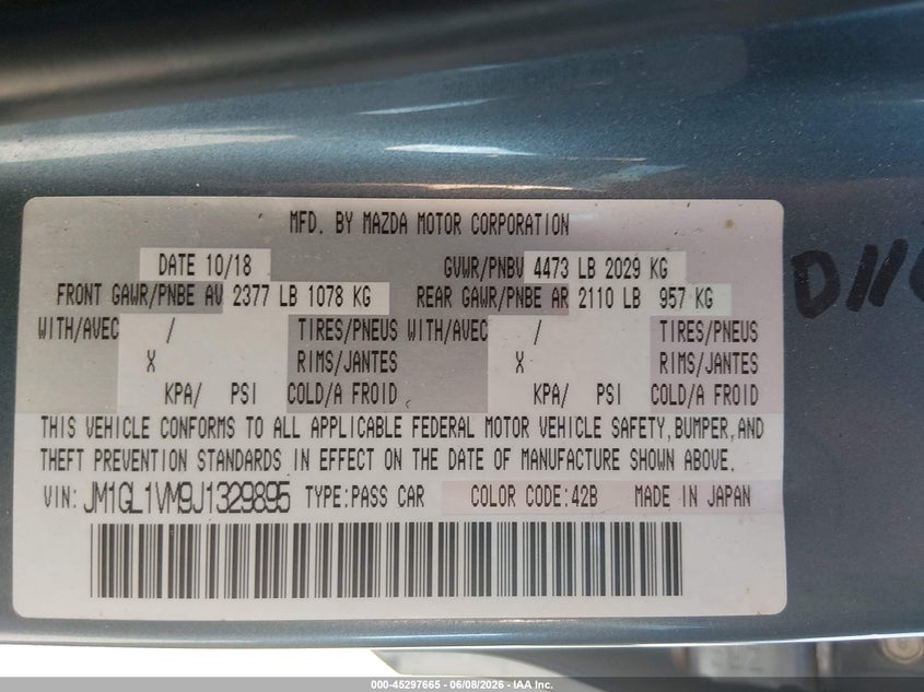 2018 Mazda 6 VIN JM1GL1VM9J1329895 IAAI salvage auction — RIGHT FRONT, Salvage Title, sold $2,500 on 2026-07-15 (photo 9)
