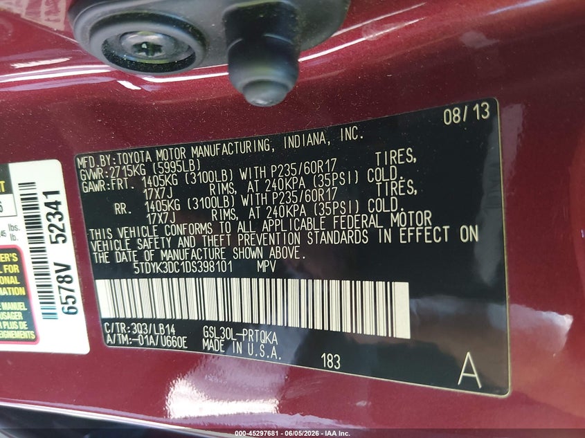 2013 Toyota Sienna VIN 5TDYK3DC1DS398101 IAAI salvage auction — FRONT END, Salvage Title, sold $4,650 on 2026-07-16 (photo 9)