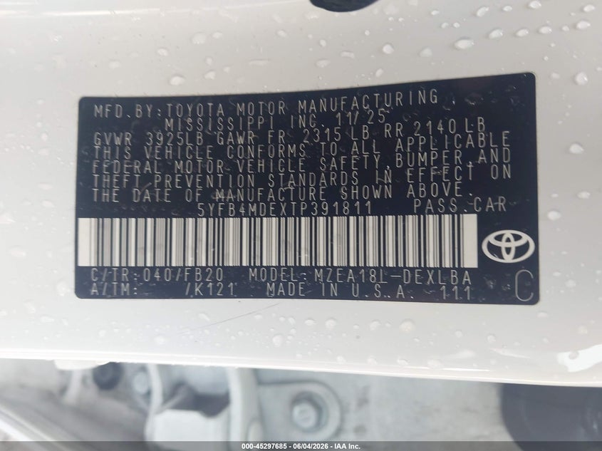 2026 Toyota Corolla VIN 5YFB4MDEXTP391811 IAAI salvage auction — FRONT END, Salvage (Arkansas), sold $4,600 on 2026-07-15 (photo 9)