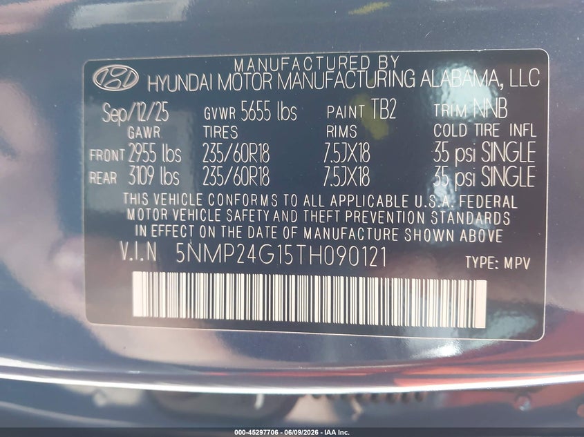 2026 Hyundai Santa fe VIN 5NMP24G15TH090121 IAAI salvage auction — HAIL, Salvage Title, sold $15,500 on 2026-08-25 (photo 9)