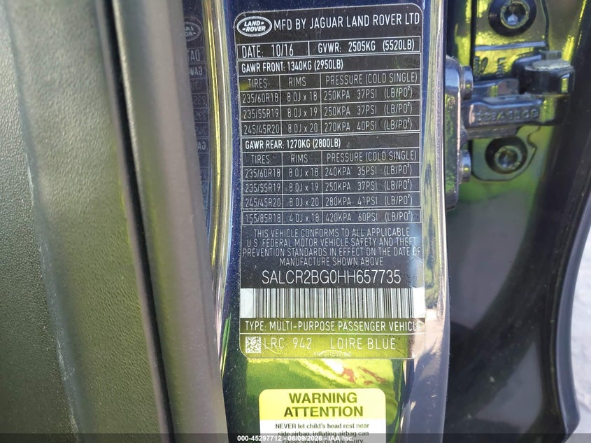 2017 Land rover Discovery sport VIN SALCR2BG0HH657735 IAAI salvage auction — REAR END, Salvage (Massachusetts), sold $3,275 on 2026-07-28 (photo 9)