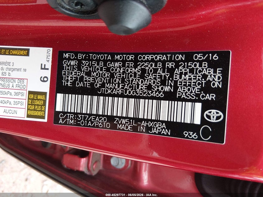2016 Toyota Prius VIN JTDKARFU0G3523466 IAAI salvage auction — RIGHT FRONT, Salvage Title, sold $3,000 on 2026-07-15 (photo 9)