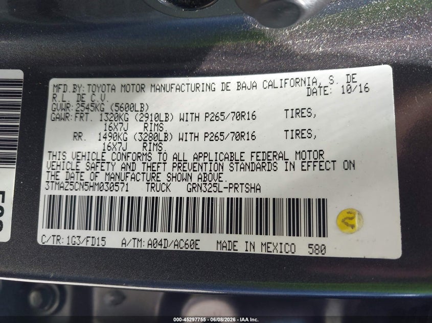 2017 Toyota Tacoma VIN 3TMAZ5CN5HM030571 IAAI salvage auction — FRONT END, Salvage Title, sold $7,300 on 2026-07-23 (photo 9)