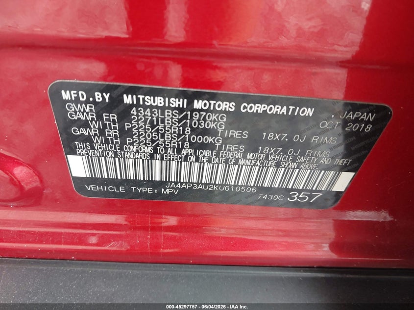 2019 Mitsubishi Outlander VIN JA4AP3AU2KU010506 IAAI salvage auction — FRONT & REAR, Salvage Title, sold $3,100 on 2026-07-16 (photo 9)