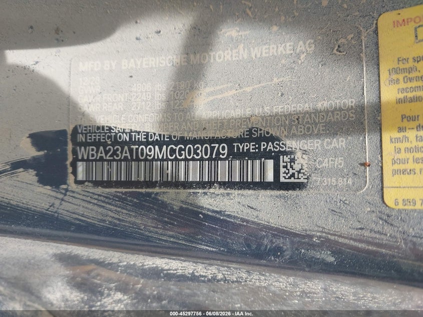 2021 BMW 4er VIN WBA23AT09MCG03079 IAAI salvage auction — WATER/FLOOD, Flood (Mississippi), sold $6,950 on 2026-08-07 (photo 9)