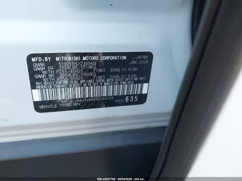 2024 Mitsubishi Outlander VIN JA4J3VA86RZ044729 IAAI salvage auction — UNKNOWN, Salvage Title, sold $11,375 on 2026-07-24 (photo 9)