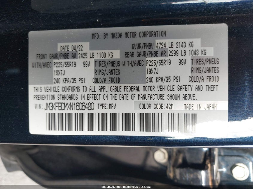 2022 Mazda Cx-5 VIN JM3KFBDMXN1606480 IAAI salvage auction — FRONT & REAR, Salvage Title, sold $6,200 on 2026-07-14 (photo 9)