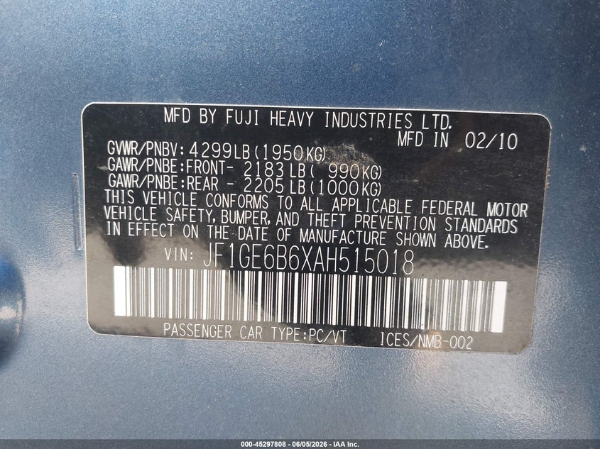 2010 Subaru Impreza VIN JF1GE6B6XAH515018 IAAI salvage auction — NORMAL WEAR, Clear (North Carolina), sold $625 on 2026-07-15 (photo 9)