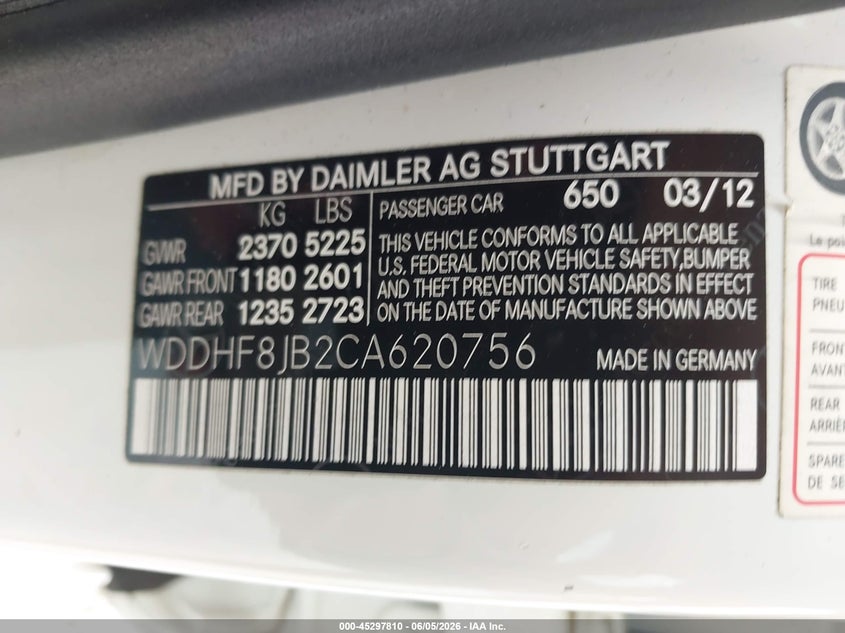 2012 Mercedes-benz E-klasse VIN WDDHF8JB2CA620756 IAAI salvage auction — HAIL, Salvage Title, sold $3,500 on 2026-07-27 (photo 9)
