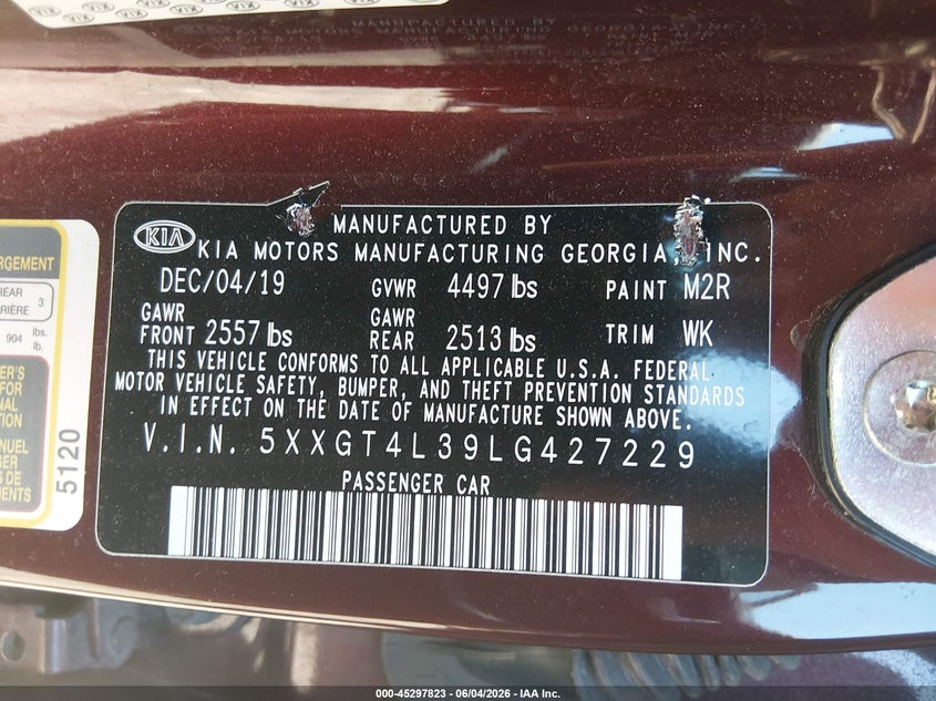 2020 Kia Optima VIN 5XXGT4L39LG427229 IAAI salvage auction — LEFT SIDE, Salvage Title, sold $700 on 2026-07-14 (photo 9)