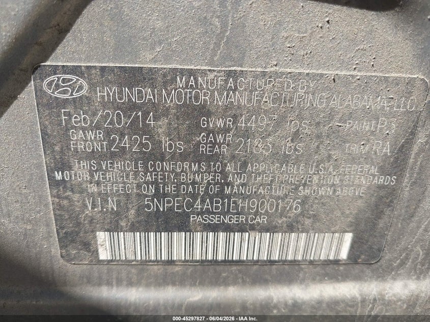 2014 Hyundai Sonata VIN 5NPEC4AB1EH900176 IAAI salvage auction — NORMAL WEAR, Clear (Maryland), sold $425 on 2026-07-16 (photo 9)