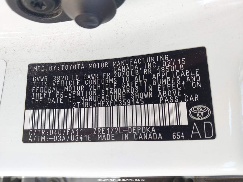 2015 Toyota Corolla VIN 2T1BURHEXFC359145 IAAI salvage auction — FRONT END, Salvage Title, sold $2,850 on 2026-07-09 (photo 9)