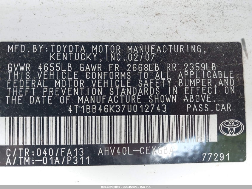 2007 Toyota Camry hybrid VIN 4T1BB46K37U012743 IAAI salvage auction — NORMAL WEAR, Clear (Texas), sold $475 on 2026-07-09 (photo 9)