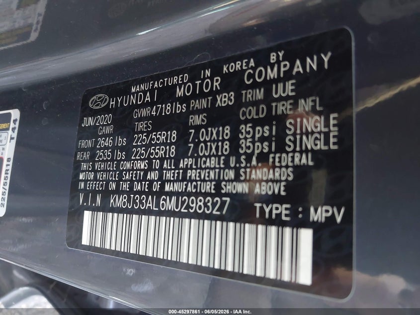 2021 Hyundai Tucson VIN KM8J33AL6MU298327 IAAI salvage auction — LEFT SIDE, Salvage Title, sold $4,800 on 2026-07-29 (photo 9)
