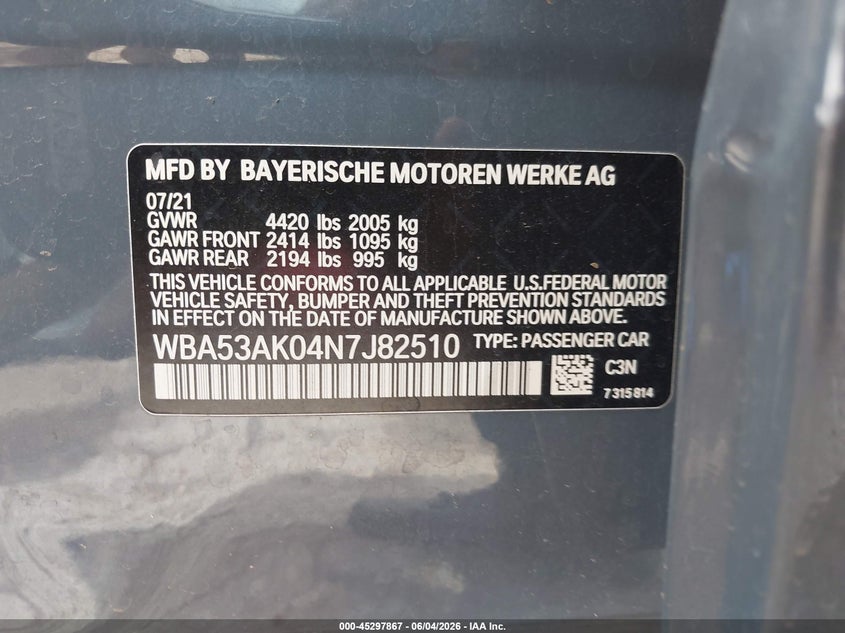 2022 BMW 2er VIN WBA53AK04N7J82510 IAAI salvage auction — LEFT & RIGHT, Salvage Title, sold $7,150 on 2026-08-25 (photo 9)
