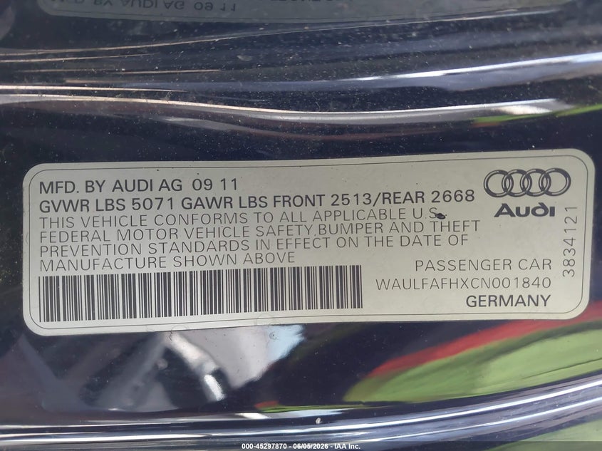 2012 Audi A5 VIN WAULFAFHXCN001840 IAAI salvage auction — MECHANICAL, Clear (New Jersey), sold $550 on 2026-07-17 (photo 9)