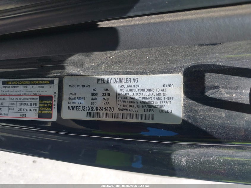 2009 Smart Fortwo VIN WMEEJ31X89K244420 IAAI salvage auction — FRONT END, Salvage (California), sold $1,050 on 2026-08-03 (photo 9)