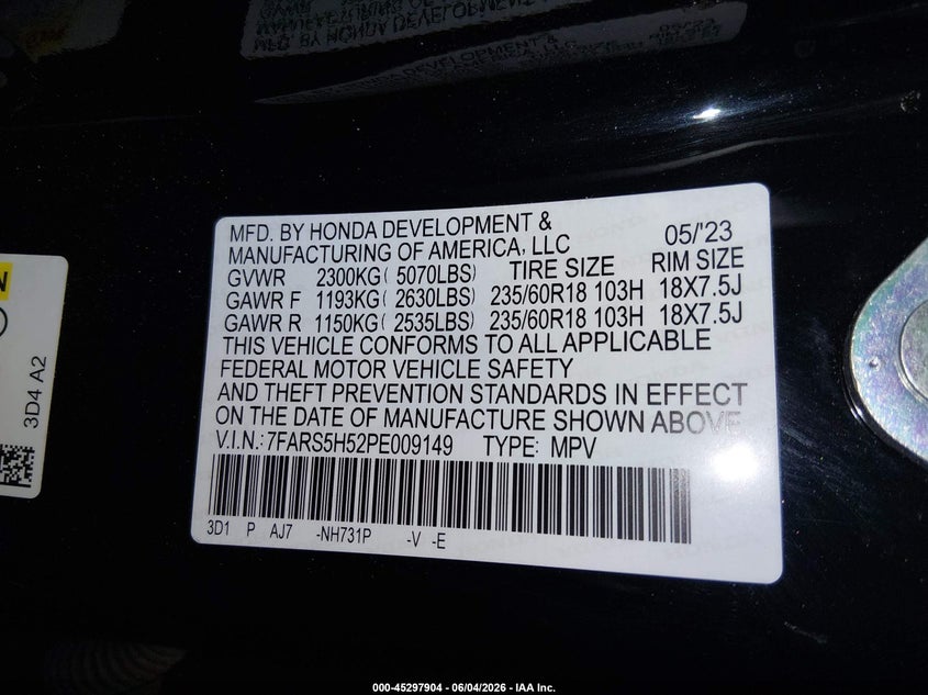 2023 Honda Cr-v VIN 7FARS5H52PE009149 IAAI salvage auction — FRONT END, Salvage (Arizona), sold $10,900 on 2026-07-28 (photo 9)