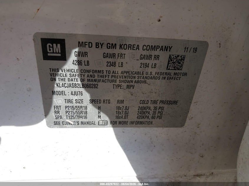 2020 Buick Encore VIN KL4CJASB2LB060282 IAAI salvage auction — REAR END, Salvage Title, sold $2,000 on 2026-07-08 (photo 9)