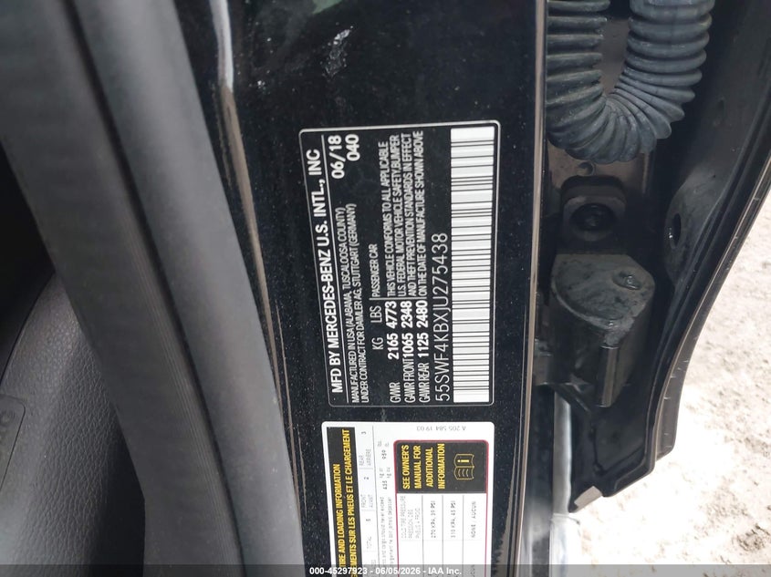2018 Mercedes-benz C-klasse VIN 55SWF4KBXJU275438 IAAI salvage auction — FRONT END, Salvage Title, sold $1,850 on 2026-07-29 (photo 9)