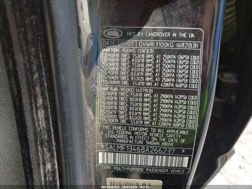 2008 Land rover RANGE ROVER VIN SALMF13468A266237 IAAI salvage auction — NORMAL WEAR, Clear (Alabama), sold $500 on 2026-07-06 (photo 9)