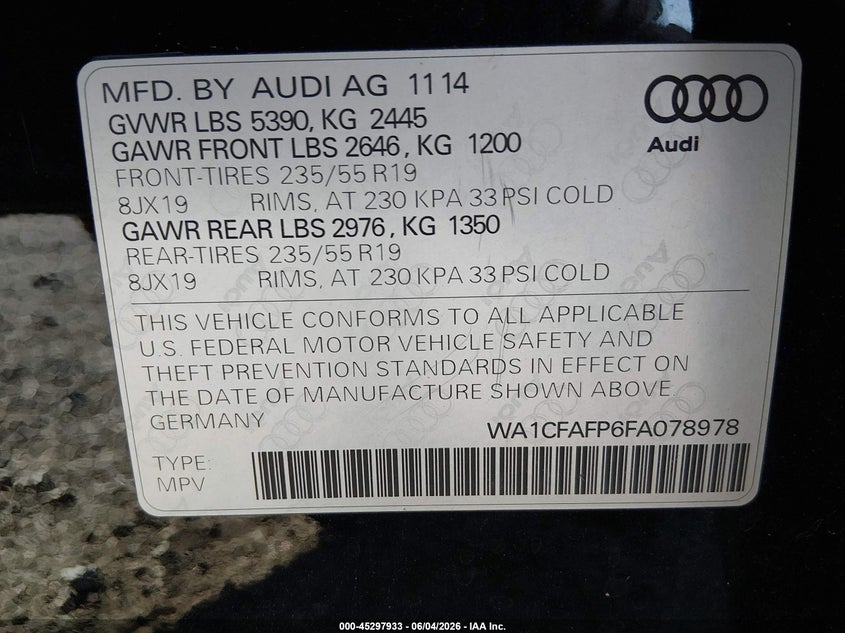 2015 Audi Q5 VIN WA1CFAFP6FA078978 IAAI salvage auction — REAR END, Salvage (South Carolina), sold $2,000 on 2026-07-15 (photo 9)