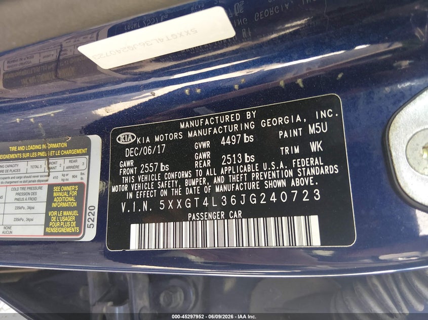 2018 Kia Optima VIN 5XXGT4L36JG240723 IAAI salvage auction — FRONT END, Salvage Title, sold $750 on 2026-07-14 (photo 9)