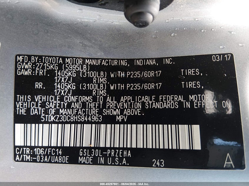 2017 Toyota Sienna VIN 5TDKZ3DC8HS844963 IAAI salvage auction — RIGHT FRONT, Salvage Title, sold $4,000 on 2026-07-21 (photo 9)