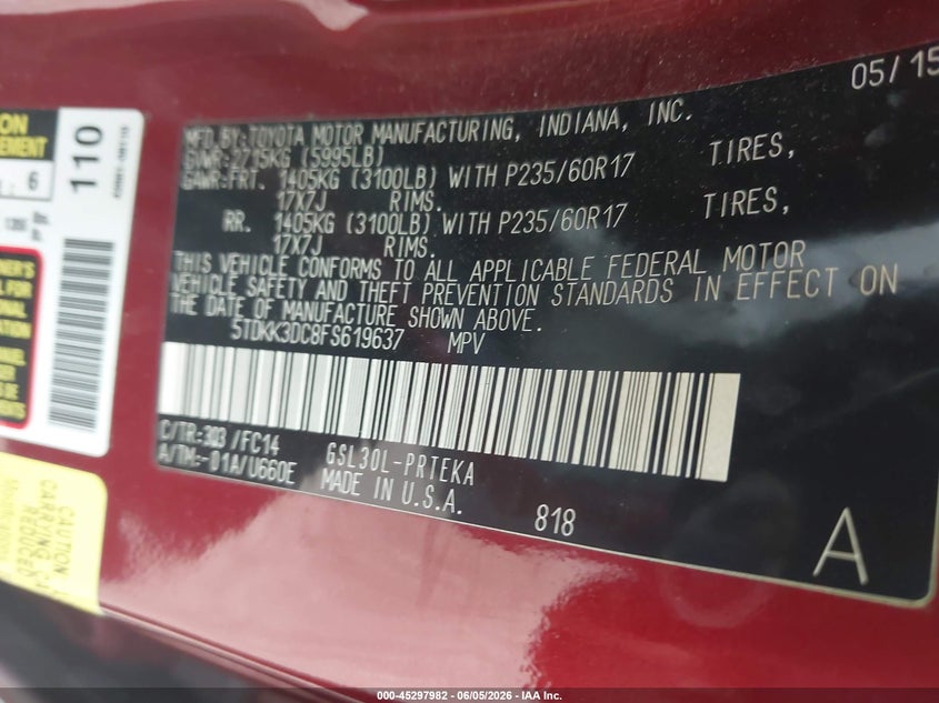 2015 Toyota Sienna VIN 5TDKK3DC8FS619637 IAAI salvage auction — LEFT SIDE, Salvage (Texas), sold $3,400 on 2026-07-29 (photo 9)
