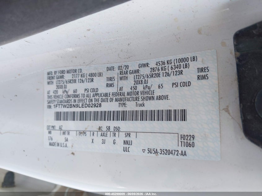 2020 Ford F250 VIN 1FT7W2BN9LED02928 IAAI salvage auction — FRONT END, Salvage Title, sold $20,025 on 2026-07-28 (photo 9)