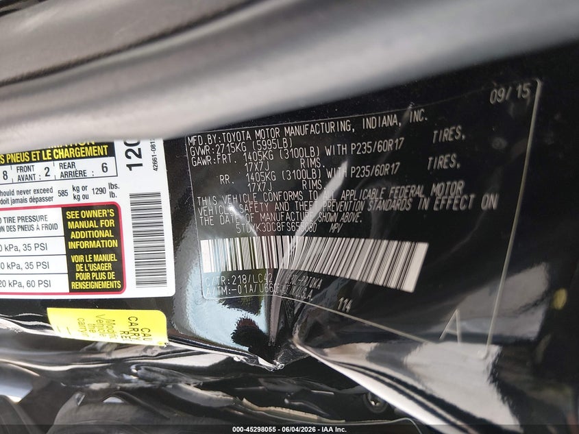 2015 Toyota Sienna VIN 5TDYK3DC8FS655080 IAAI salvage auction — LEFT SIDE, Salvage Title, sold $3,700 on 2026-07-07 (photo 9)