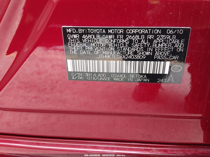 2010 Lexus ES VIN JTHBK1EGXA2403809 IAAI salvage auction — NORMAL WEAR, Salvage (Texas), sold $1,250 on 2026-07-23 (photo 9)