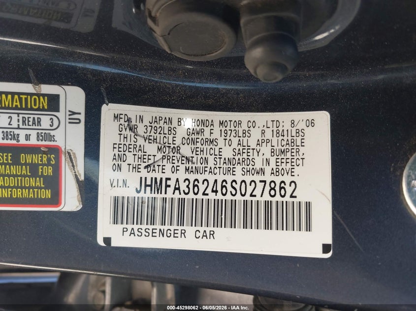 2006 Honda Civic hybrid VIN JHMFA36246S027862 IAAI salvage auction — RIGHT SIDE, Salvage (California), sold $825 on 2026-07-15 (photo 9)