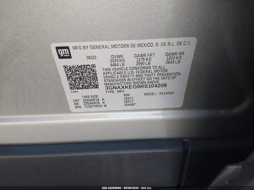 2024 Chevrolet Equinox VIN 3GNAXKEG9RS104209 IAAI salvage auction — FRONT END, Salvage Title, sold $2,700 on 2026-07-31 (photo 9)