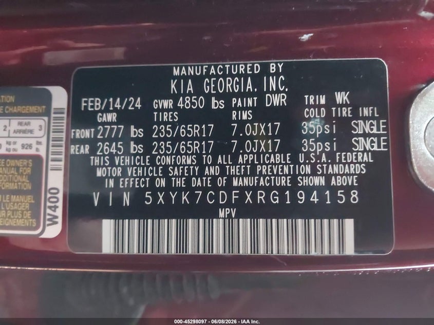 2024 Kia Sportage VIN 5XYK7CDFXRG194158 IAAI salvage auction — HAIL, Salvage Title, sold $12,600 on 2026-07-06 (photo 9)