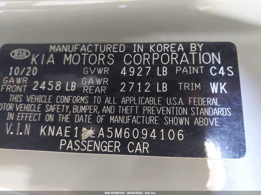 2021 Kia Stinger VIN KNAE15LA5M6094106 IAAI salvage auction — FRONT END, Salvage Title, sold $1,350 on 2026-07-15 (photo 9)