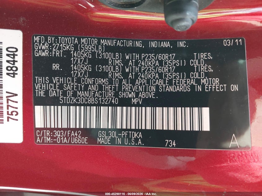 2011 Toyota Sienna VIN 5TDZK3DC8BS132740 IAAI salvage auction — REPOSSESSION, Nrc Lienholder Repossession Paperwork (Texas), sold $1,575 on 2026-07-24 (photo 9)
