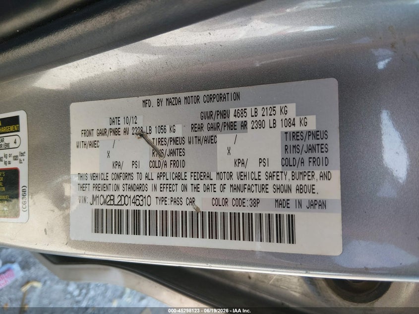 2013 Mazda 5 VIN JM1CW2BL2D0146310 IAAI salvage auction — FRONT END, Salvage Title, sold $325 on 2026-07-29 (photo 9)