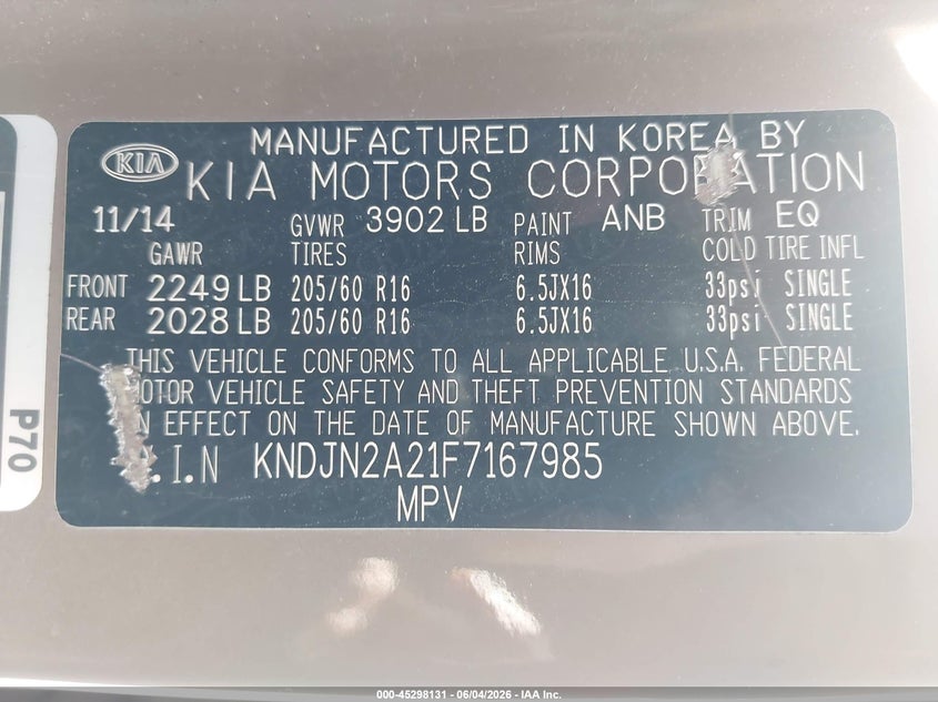2015 Kia Soul VIN KNDJN2A21F7167985 IAAI salvage auction — THEFT, Salvage Title, sold $600 on 2026-07-16 (photo 9)