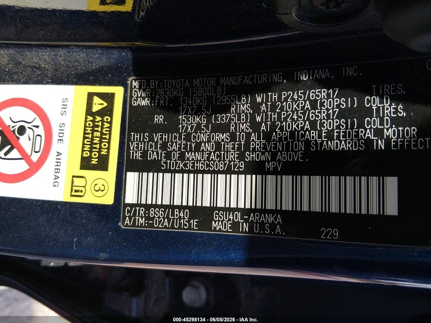 2012 Toyota Highlander VIN 5TDZK3EH6CS087129 IAAI salvage auction — FRONT END, Salvage Title, sold $3,100 on 2026-07-10 (photo 9)