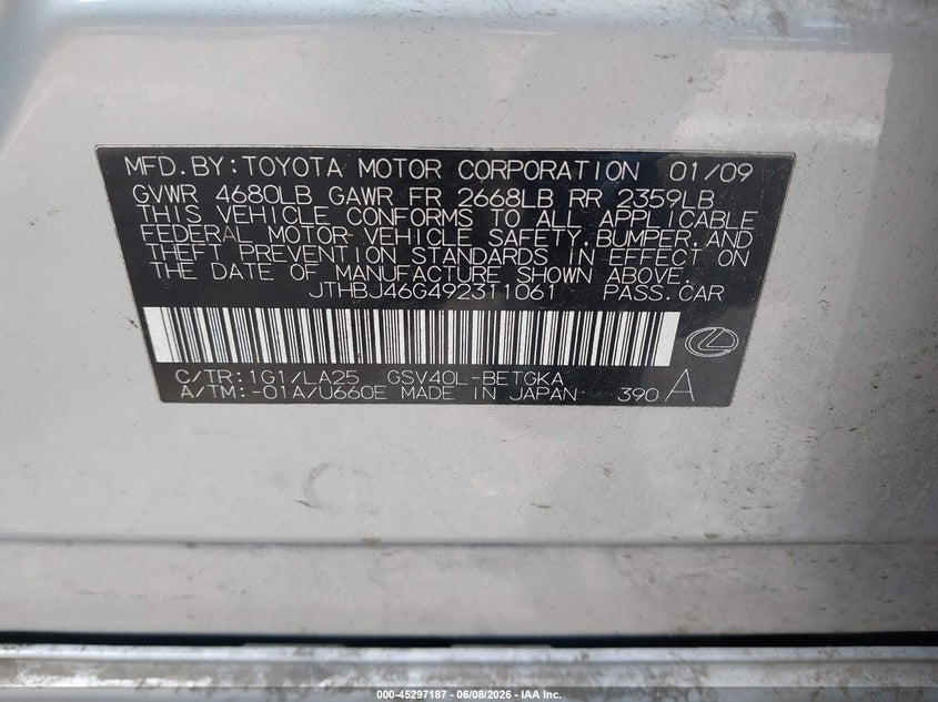 2009 Lexus Es 350 VIN JTHBJ46G492311061 IAAI salvage auction — FRONT END, Clear (Tennessee), sold $675 on 2026-07-07 (photo 9)