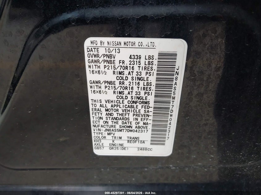 2013 Nissan Rogue sport VIN JN8AS5MT7DW042317 IAAI salvage auction — NORMAL WEAR, Clear (Texas), sold $675 on 2026-07-16 (photo 9)