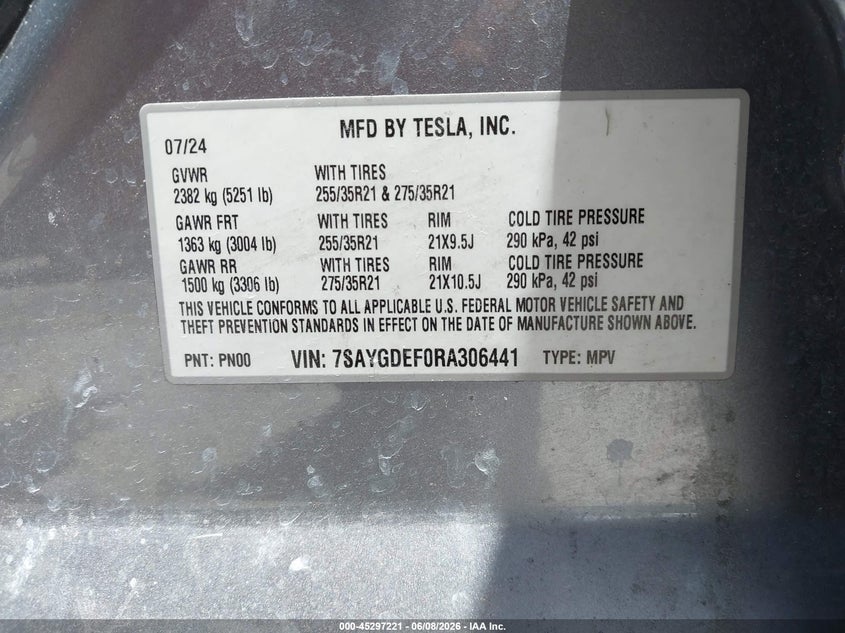 2024 Tesla Model y VIN 7SAYGDEF0RA306441 IAAI salvage auction — REAR END, Salvage Title, sold $12,875 on 2026-07-09 (photo 9)