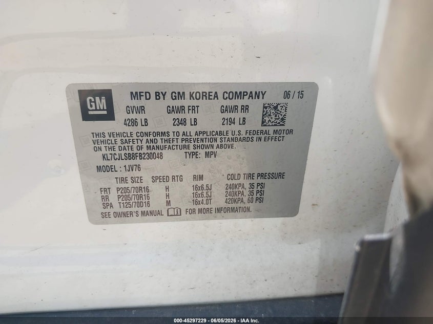 2015 Chevrolet Trax VIN KL7CJLSB8FB230048 IAAI salvage auction — LEFT FRONT, Salvage Title, sold $950 on 2026-07-08 (photo 9)