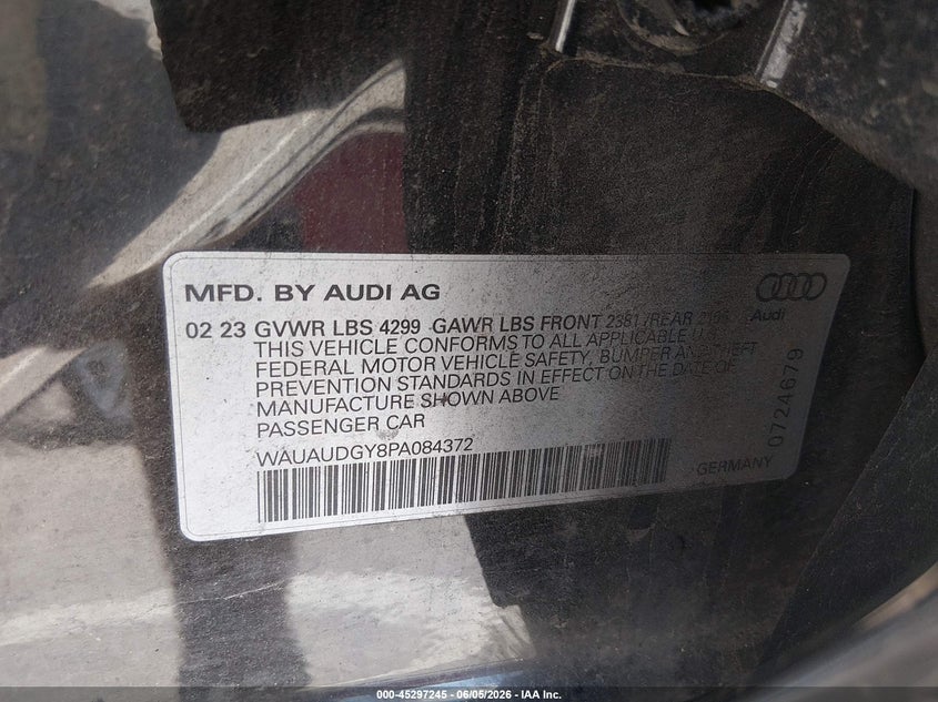 2023 Audi A3 VIN WAUAUDGY8PA084372 IAAI salvage auction — FRONT END, Salvage Title, sold $4,500 on 2026-07-24 (photo 9)