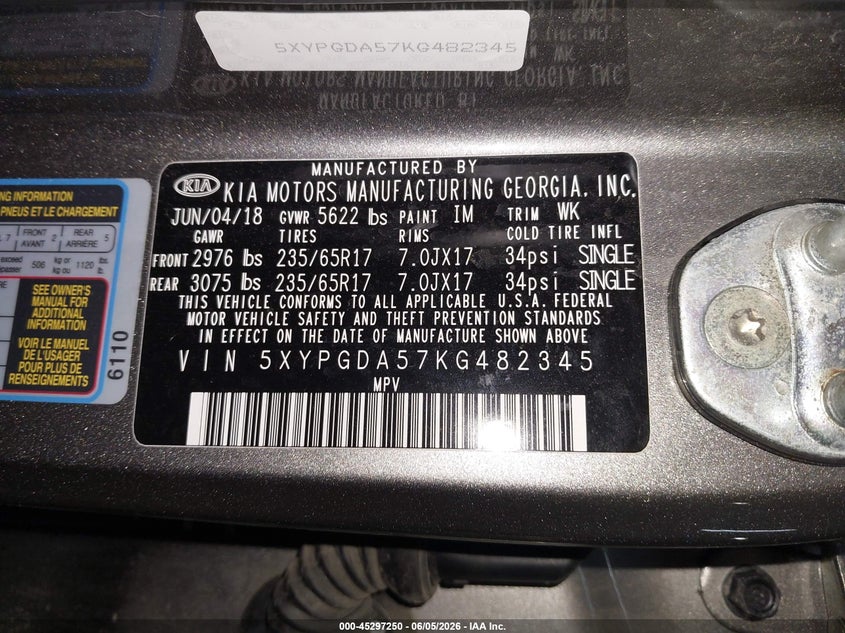 2019 Kia Sorento VIN 5XYPGDA57KG482345 IAAI salvage auction — FRONT END, Salvage (Texas), sold $25 on 2026-07-30 (photo 9)