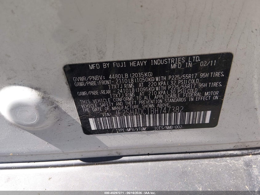 2011 Subaru Forester VIN JF2SHADC1BH747382 IAAI salvage auction — FRONT END, Mv-907A (New York), sold $750 on 2026-07-16 (photo 9)