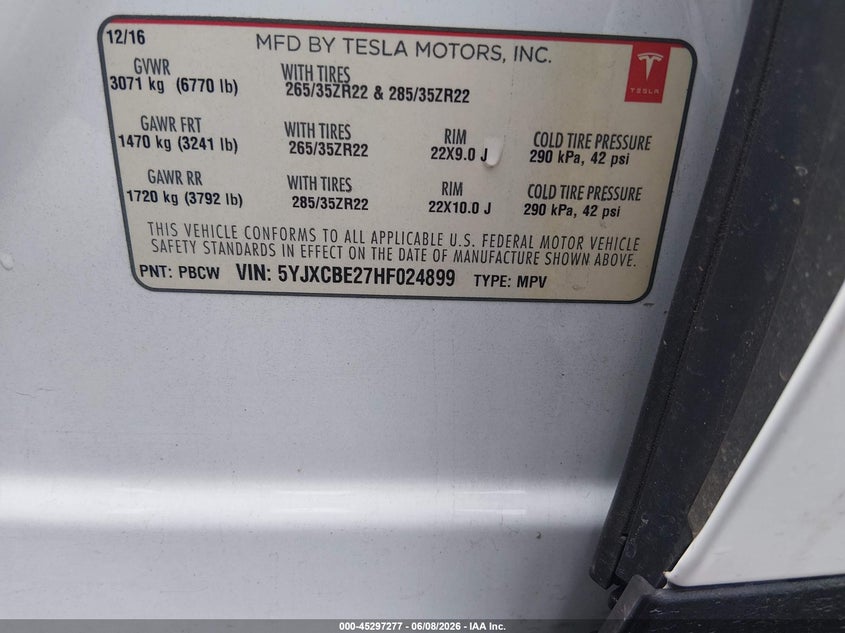 2017 Tesla Model x VIN 5YJXCBE27HF024899 IAAI salvage auction — REAR END, Salvage Title, sold $8,700 on 2026-07-20 (photo 8)