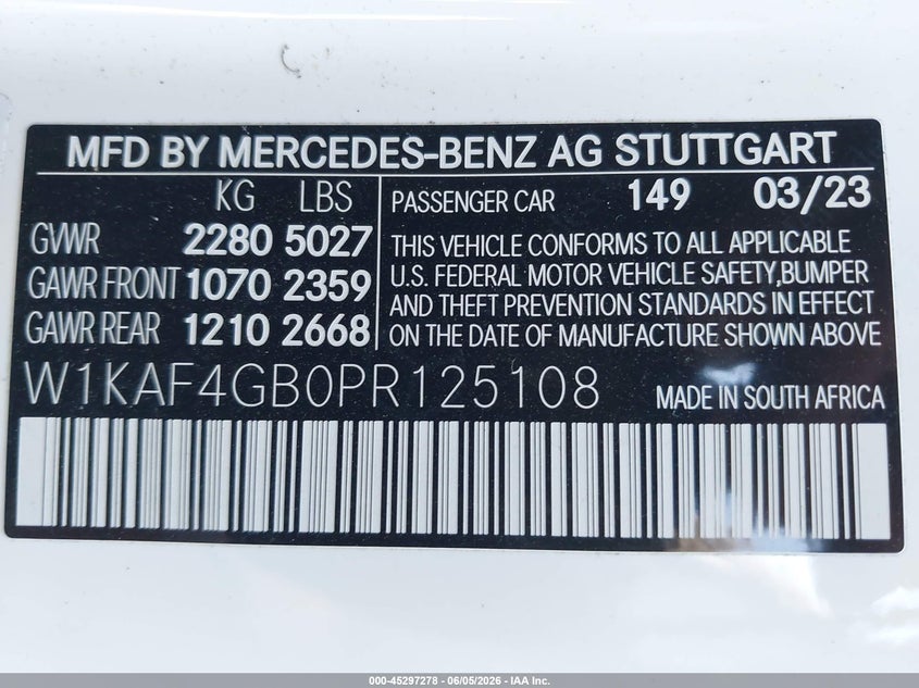 2023 Mercedes-benz C-klasse VIN W1KAF4GB0PR125108 IAAI salvage auction — FRONT END, Salvage Title, sold $16,600 on 2026-07-19 (photo 9)