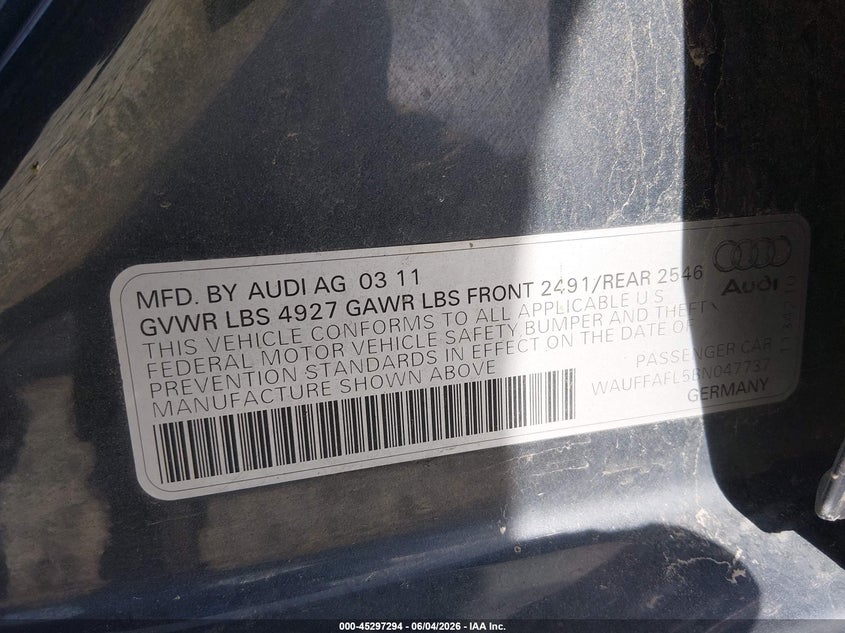 2011 Audi A4 VIN WAUFFAFL5BN047737 IAAI salvage auction — RIGHT SIDE, Salvage (Ohio), sold $950 on 2026-07-08 (photo 9)